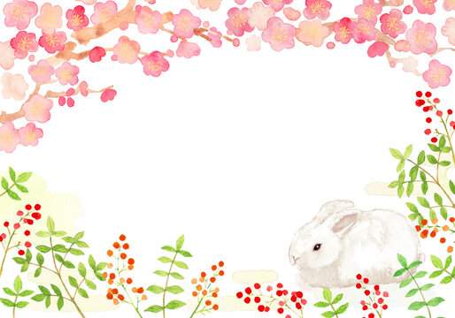 水彩で手描きした梅と南天のお正月背景　白兎