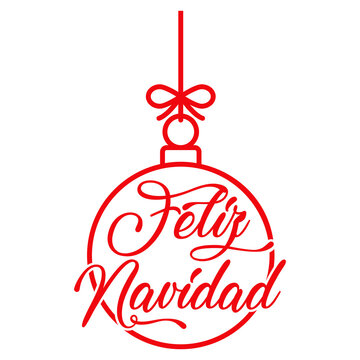 Logo aislado con texto manuscrito Feliz Navidad en español en bola de navidad colgando de una cuerda con líneas