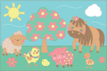 Patchwork vector set of pets. Applique with pets. Horse, duck, bird, goat, pig, hen, cow. Children's card for showers, greetings, holiday and invitations.  Vector children's patchwork illustration.