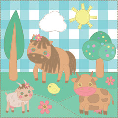 Patchwork vector set of pets on a farm. Applique with pets. Horse, bird, goat, chicken, cow. Baby shower, greeting, holiday and invitation card.  Vector children's patchwork illustration. For print.
