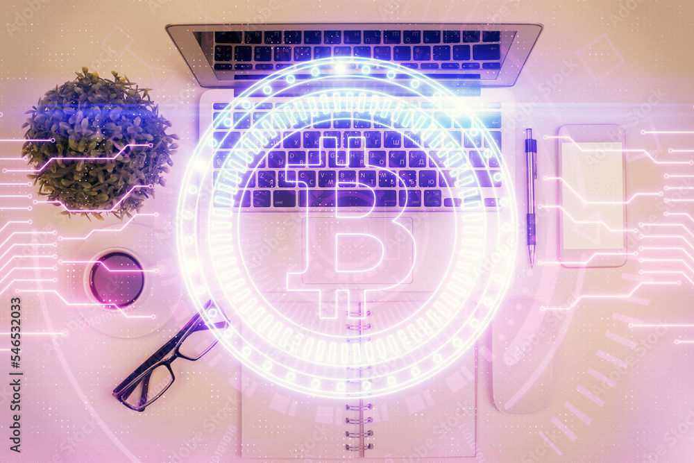 Poster blockchain theme hologram drawings over computer on the desktop background. top view. multi exposure
