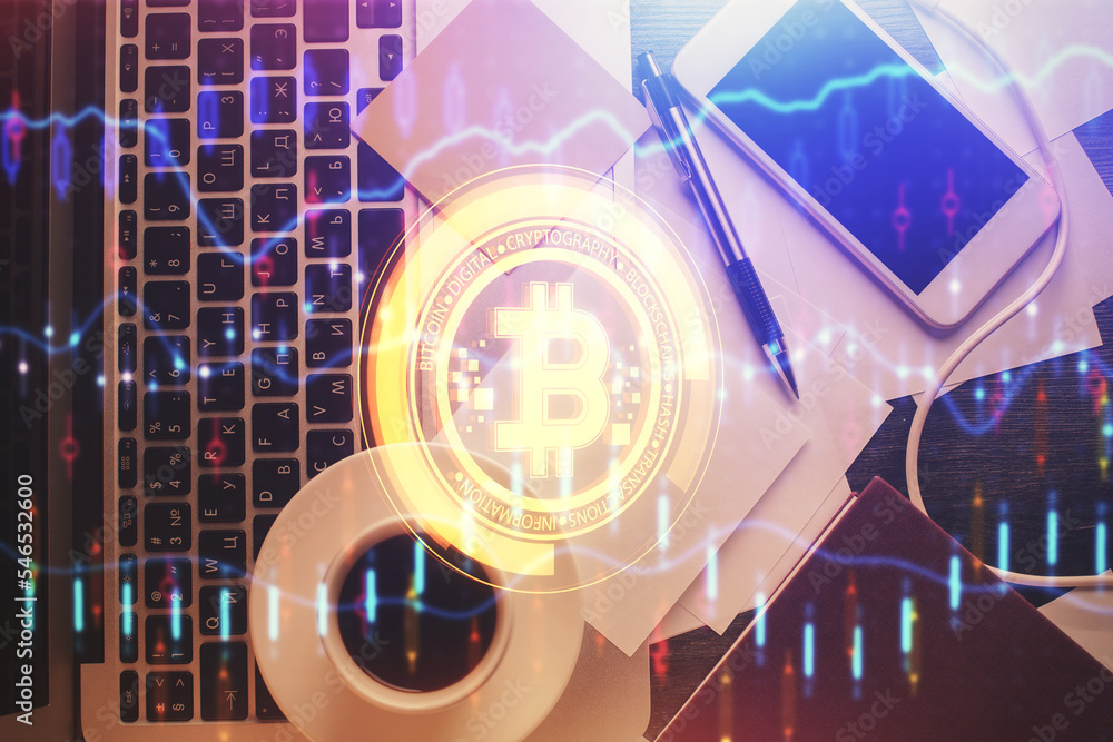 Poster blockchain theme hologram drawings over computer on the desktop background. top view. multi exposure