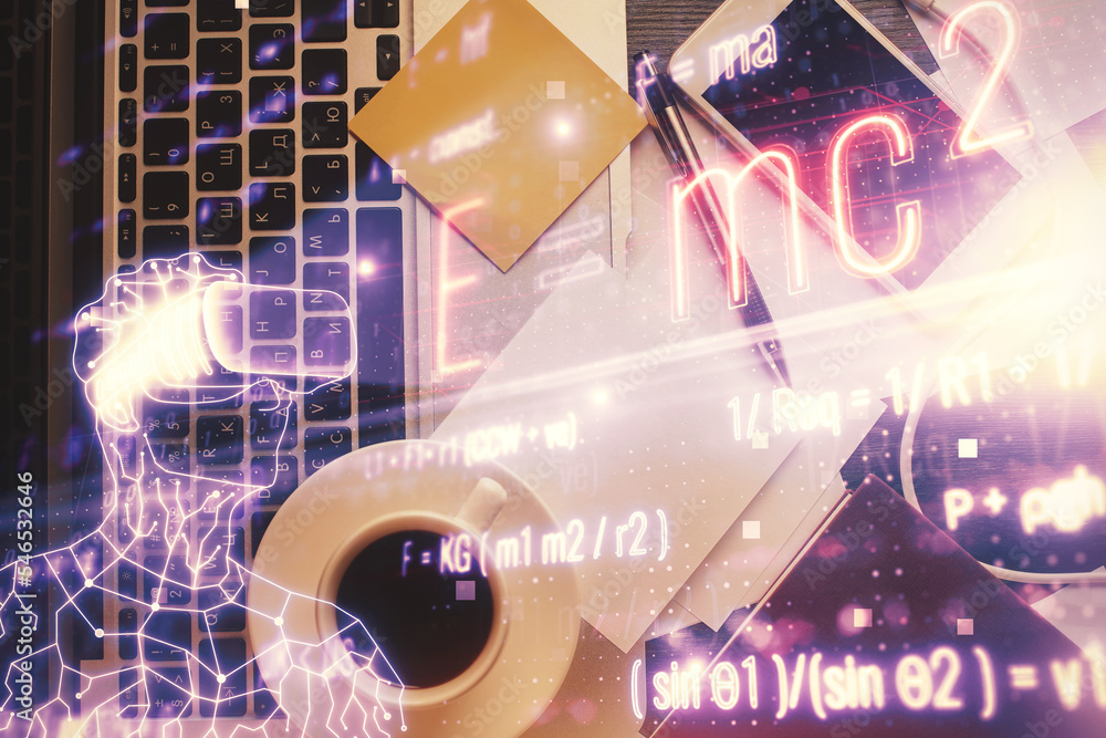 Poster Physics and math theme hologram with formula drawings over computer on the desktop background. Top view. Multi exposure. Concept of education.