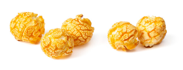 Close up of popcorn isolated on white background.
