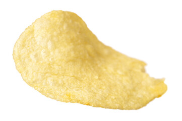 Single potato chip isolated on white background.