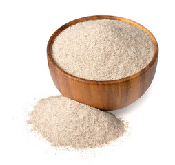 Raw rye flour in the wooden bowl, isolated on white background.
