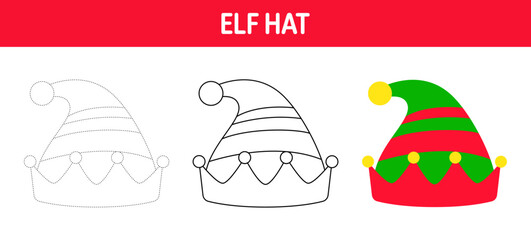 Elf Hat tracing and coloring worksheet for kids