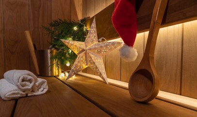 sauna accessories in the steam room. Christmas and new year, holiday vibes. Copy space