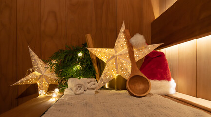 sauna accessories in the steam room. Christmas and new year, holiday vibes. Copy space