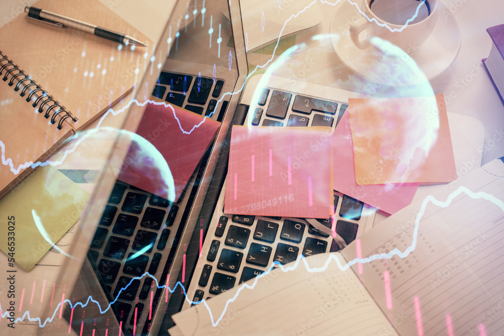 Poster multi exposure of financial chart drawing over table background with computer. concept of research a
