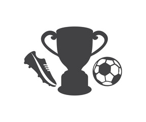 Trophy, Winner Soccer or Football Cup, soccer boots, ball logo design. Competition, games, tournament, leadership, champion prize, achievement, victory concept vector design and illustration.

