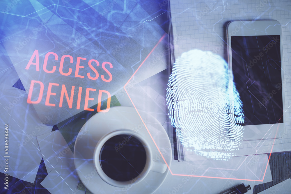 Poster Double exposure of finger print over table with phone. Top view. Concept of mobile security.