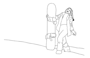 Girl snowboarder sliding down. Outline illustration