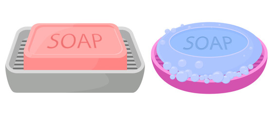 Soap in soap dishes.Two pieces of soap lying in different soap dishes.Vector illustration.