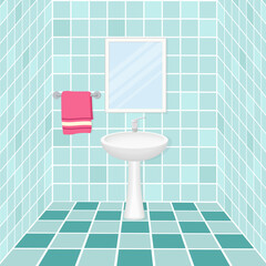 The bathroom sink.Toilet room sink towel and mirror.Vector illustration.