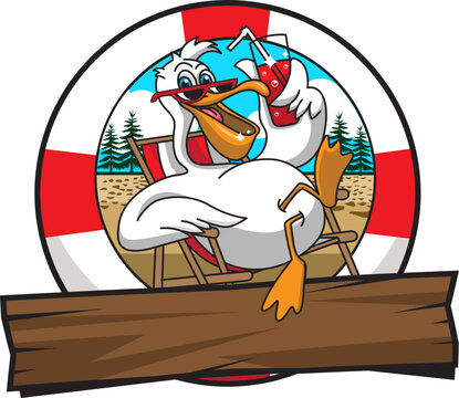 white pelican vector, pelican holiday, pelican cartoon, pelican mascot, pelican with red glasses enjoying the drink