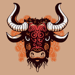 Ox chinese new year vector illustration. Buffalo head.  Zodiac sign of calendar. Concept art isolated illustration. Cow animal. China culture. Decoration. Symbol of prospertity. Cartoon style holiday.