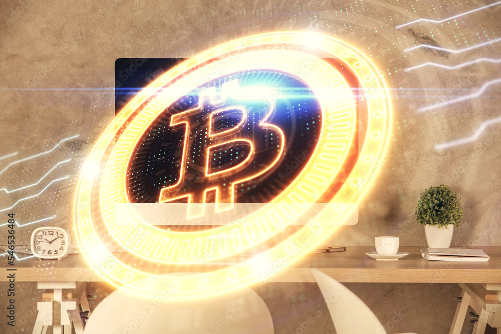 Poster double exposure of crypto technology theme drawing and office interior background. concept of blockc