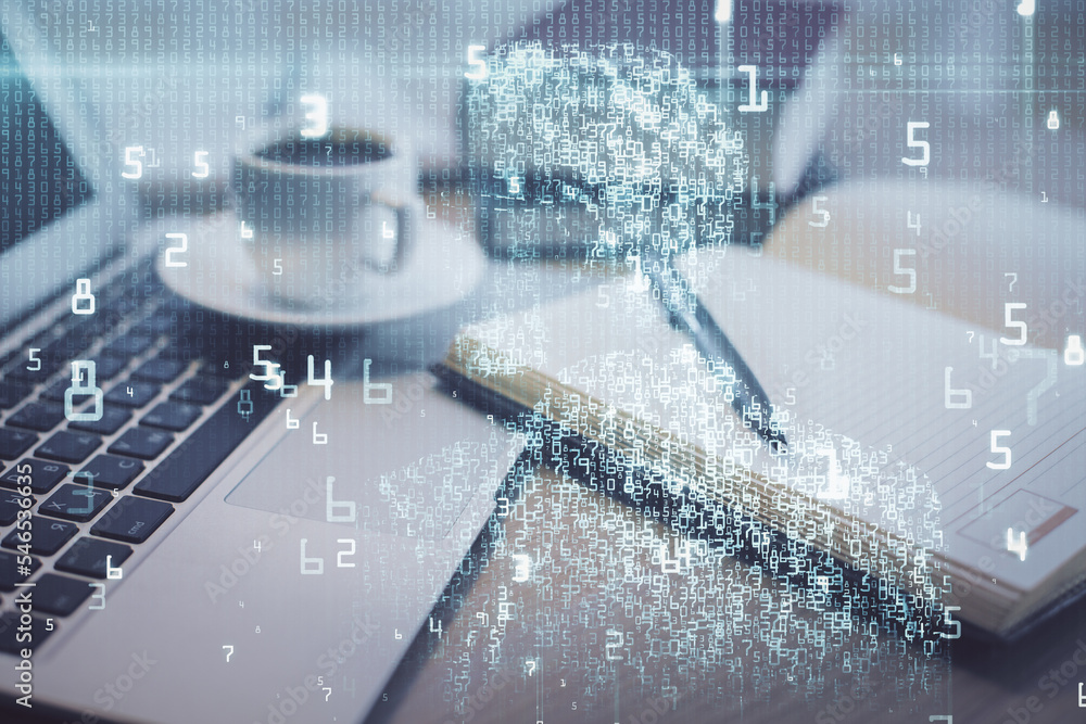 Poster Double exposure of technology theme drawing and desktop with coffee and items on table background. Concept of data research.