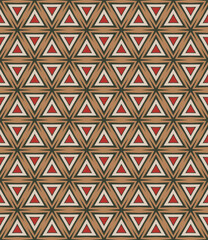 Seamless geometric pattern in red, green and beige. Christmas digital paper in repeat. Wrapping paper pattern for Christmas holiday giftware. Kaleidoscopic abstract pattern surface.