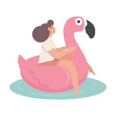 girl on pink flamingo float