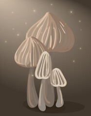 Beige magic mushroom in glowon a dark green background