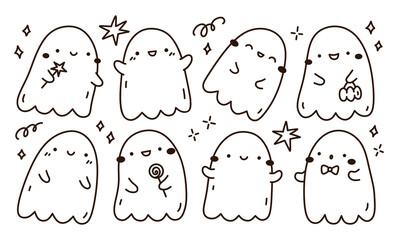 Set of cute and funny ghosts isolated on white background. Vector hand-drawn illustration in doodle style. Kawaii characters. Perfect for cards, decorations, logo, stickers and Halloween designs.