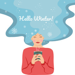 Woman in red sweater with cup of hot drink. Woman with coffee. Winter time, happy holidays, hygge. 