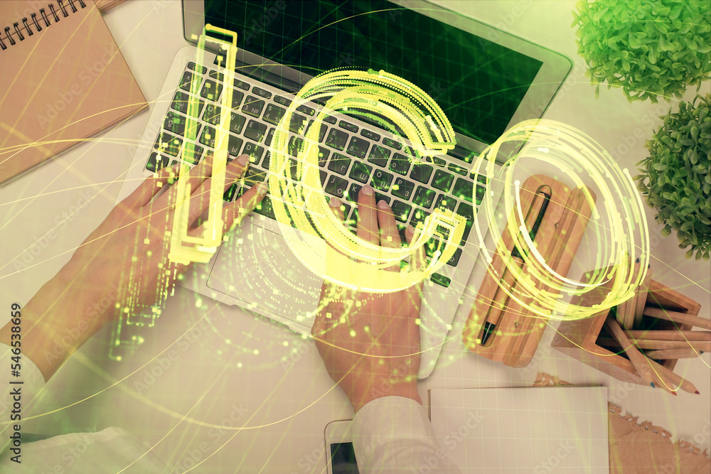Poster Double exposure of woman hands working on computer and blockchain theme hologram drawing. Top View. bitcoin cryptocurrency concept.