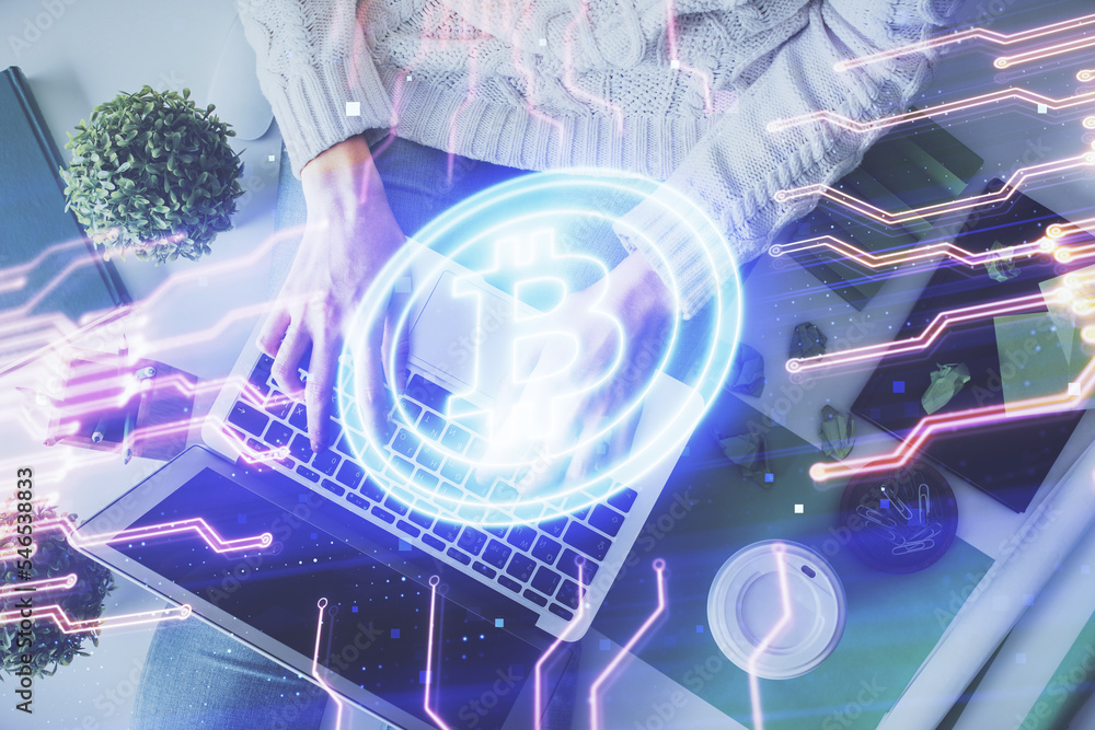 Poster double exposure of woman hands working on computer and blockchain theme hologram drawing. top view. 
