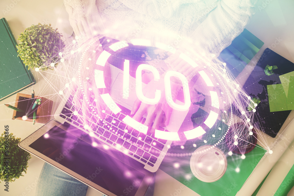 Poster double exposure of woman hands working on computer and blockchain theme hologram drawing. top view. 
