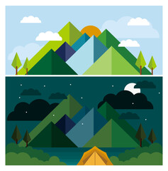 Modern minimalist vector image of mountain landscape during day and night with sun, moon, stars, clouds, trees and tent. Seven summit mountains.