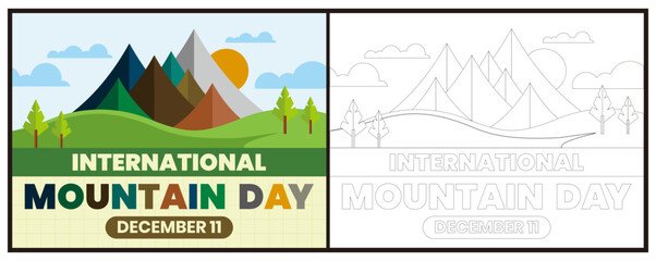 International world mountain day coloring sheet vector illustration mountain landscape.