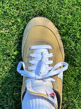 Top view of a person's foot in a Nike shoe on the grass.