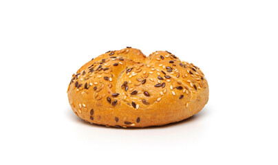 Traditional kaiser roll bun with linseeds and sesame seeds isolated on white background