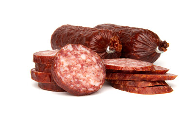 Salami sausage with pork and wild boar isolated on white background
