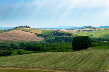 Fototapeta na wymiar Italian landscape along via Francigena, between Siena and Ponte d'Arbia, Tuscany, June 2022