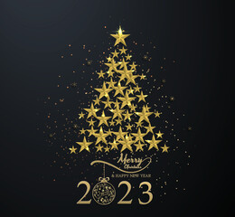 golden star into christmas tree with snowflake on black background,light ,christmas ,happy new year 2023.