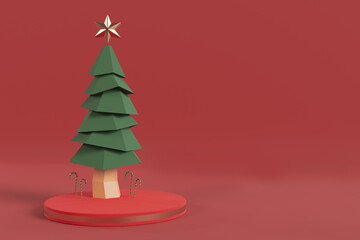 Happy New Year,christmas red background,green christmas tree,ornament candy cane,Xmas Decorations,gift box,decoration scene,geometric polygon,product show,celebrate holiday,3d render,banner design