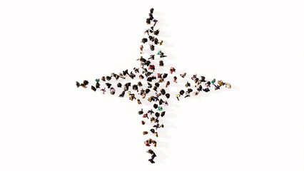Concept or conceptual large community of people as a navigation compass sign on white background. A 3d illustration metaphor for travel, adventure, exploration, journey, advancement and progress © high_resolution