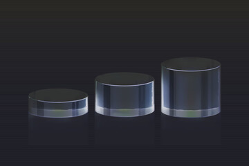 3d glass podium on black background. Beauty product display cosmetic minimal scene. Vector cosmetic promotion stage.