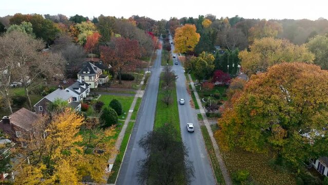Rising aerial of cars driving through upscale American suburbia during autumn.