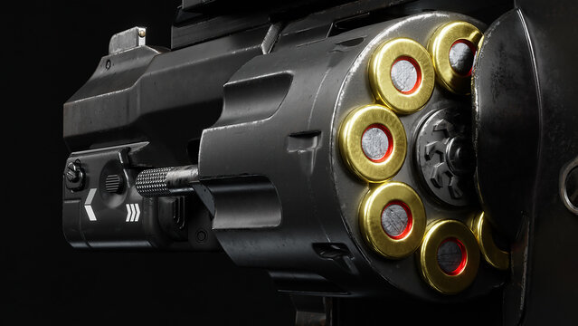 3d render of a black American revolver with a red dot sight and a flashlight.