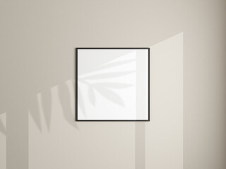 Photo frame mockup hanging on white wall. Minimalist background. Blank picture frame mockup in living room. Poster mockup. Clean, modern, minimal frame. 3d rendering.