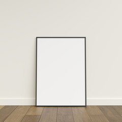 Empty picture frame on wooden floor leaning against wall. Blank poster frame standing on wooden floor. Blank poster frame mockup. Empty picture frame mockup. 3d rendering.