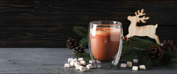 Concept of sweet drink, tasty cocoa drink with marshmallow, space for text