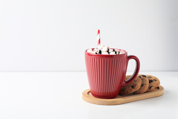 Concept of sweet drink, tasty cocoa drink with marshmallow, space for text