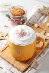 Concept of sweet drink, tasty cocoa drink with marshmallow