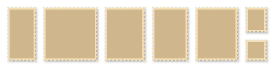 Blank postage stamps frames set. Mockup postage stamps with shadow. Postage stamp borders template collection. Realistic post stamps set. Vector illustration