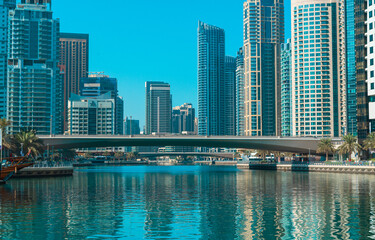 Bridge and skyscrapers in Dubai marina